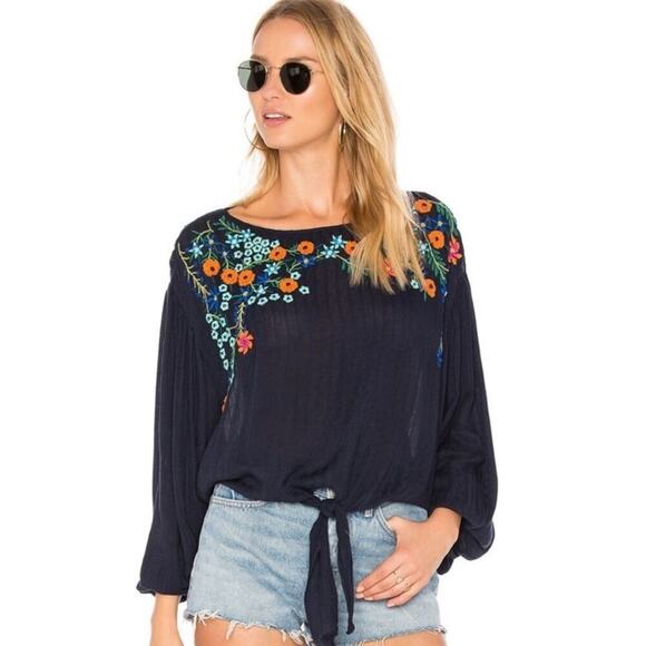 Free People Up And Away Embroidered Top In Indigo Blue Size L - Picture 1 of 8